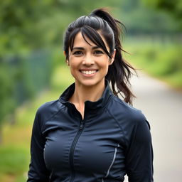 A 35-year-old woman with dark hair and an athletic build, dressed in a modern sports jacket