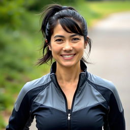 A 35-year-old woman with dark hair and an athletic build, dressed in a modern sports jacket