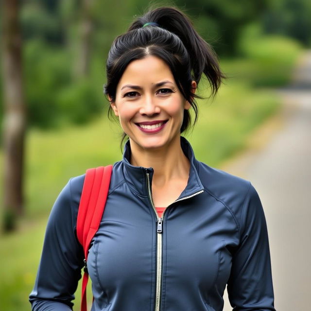 A 35-year-old woman with dark hair and an athletic build, dressed in a modern sports jacket