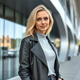A 35-year-old woman with Scandinavian features, characterized by light blonde hair and bright blue eyes, dressed in modern attire