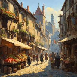 A bustling medieval marketplace in early morning light, featuring produce vendors, children playing in muddy streets, and a gallows, all depicted in a fine art oil painting style reminiscent of Studio Ghibli