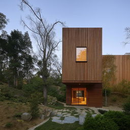 Exterior view of an attractive house with external stairs leading to the upper floor. The structure perfectly blends with the surroundings and the staircase adds a unique architectural detail.