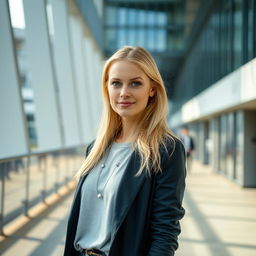 A 35-year-old woman with Scandinavian features, characterized by light blonde hair and bright blue eyes, dressed in modern attire