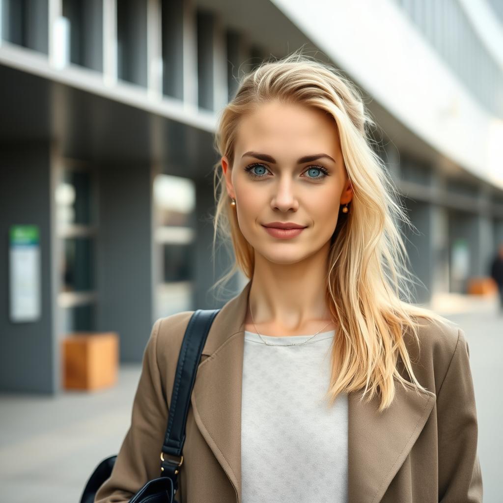 A 35-year-old woman with Scandinavian features, characterized by light blonde hair and bright blue eyes, dressed in modern attire