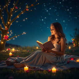 A serene and romantic setting featuring a couple sitting on a cozy blanket under a starlit sky, surrounded by soft candlelight