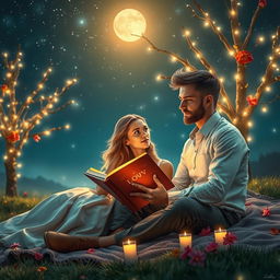 A serene and romantic setting featuring a couple sitting on a cozy blanket under a starlit sky, surrounded by soft candlelight