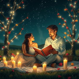 A serene and romantic setting featuring a couple sitting on a cozy blanket under a starlit sky, surrounded by soft candlelight