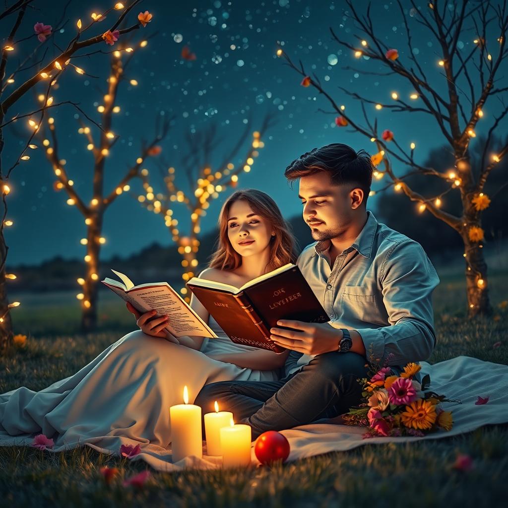 A serene and romantic setting featuring a couple sitting on a cozy blanket under a starlit sky, surrounded by soft candlelight