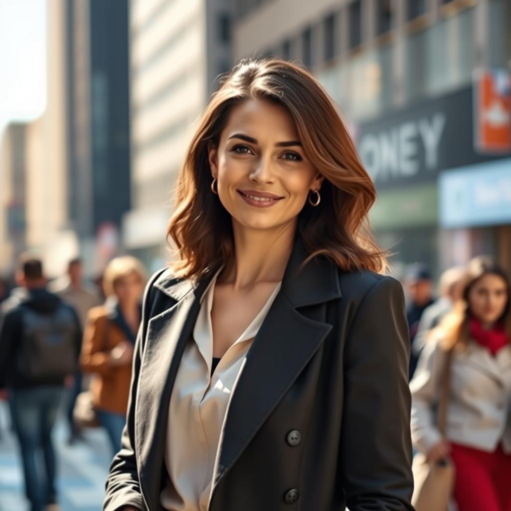 A 35-year-old European woman with either dark or light hair, dressed in stylish, modern clothing