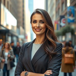 A 35-year-old European woman with either dark or light hair, dressed in stylish, modern clothing