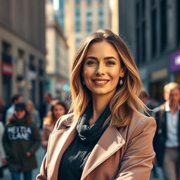 A 35-year-old European woman with either dark or light hair, dressed in stylish, modern clothing