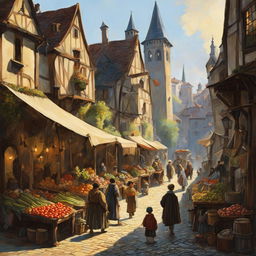 A bustling medieval marketplace in early morning light, featuring produce vendors, children playing in muddy streets, and a gallows, all depicted in a fine art oil painting style reminiscent of Studio Ghibli