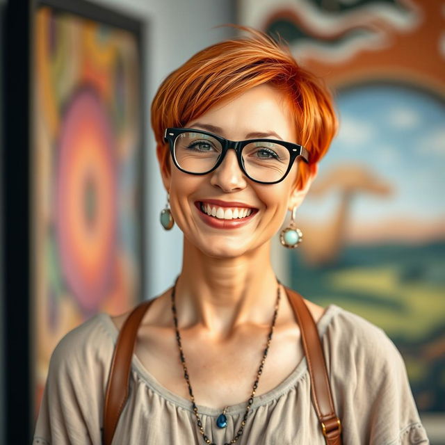 A cheerful 34-year-old woman with vibrant short hair and stylish glasses