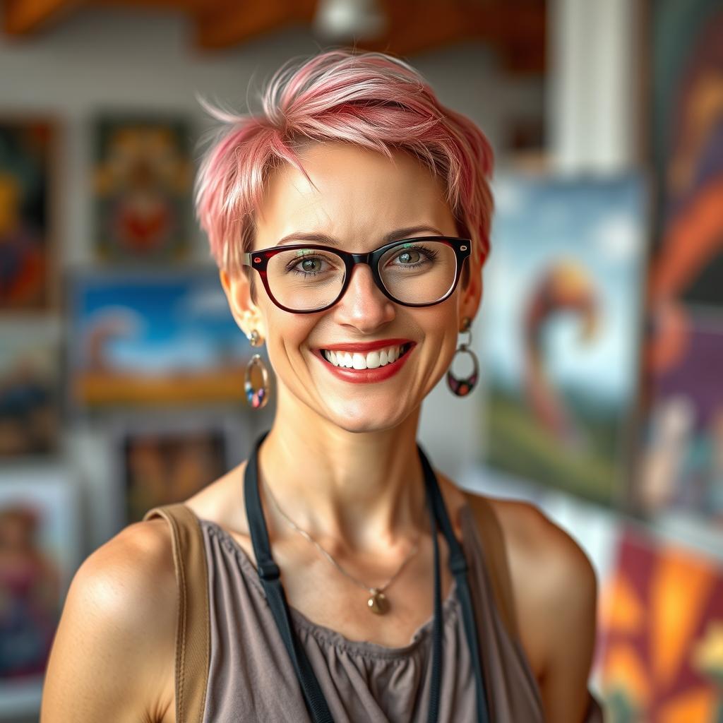 A cheerful 34-year-old woman with vibrant short hair and stylish glasses