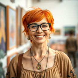 A cheerful 34-year-old woman with vibrant short hair and stylish glasses
