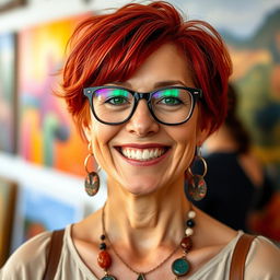 A cheerful 34-year-old woman with vibrant short hair and stylish glasses
