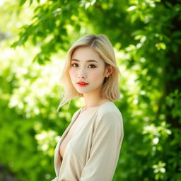A 37-year-old woman with pale skin and light blonde hair, featuring Japanese traits
