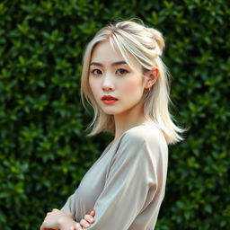 A 37-year-old woman with pale skin and light blonde hair, featuring Japanese traits