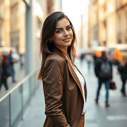 A 35-year-old European woman with either dark or light hair, stylishly dressed, posing confidently