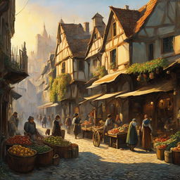 A bustling medieval marketplace in early morning light, featuring produce vendors, children playing in muddy streets, and a gallows, all depicted in a fine art oil painting style reminiscent of Studio Ghibli