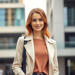 A 35-year-old woman with Celtic features, including chestnut brown hair and bright blue eyes, dressed in contemporary clothing