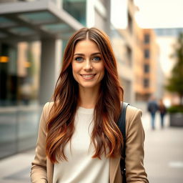A 35-year-old woman with Celtic features, including chestnut brown hair and bright blue eyes, dressed in contemporary clothing