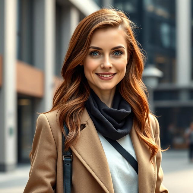 A 35-year-old woman with Celtic features, including chestnut brown hair and bright blue eyes, dressed in contemporary clothing