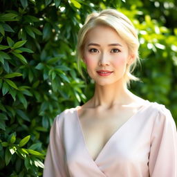 A 42-year-old woman with pale skin and light blonde hair, featuring Japanese traits