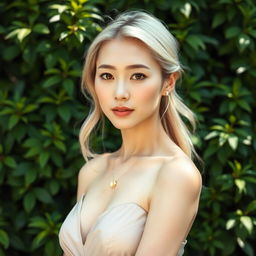 A 42-year-old woman with pale skin and light blonde hair, featuring Japanese traits