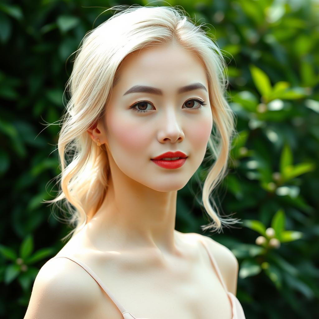 A 42-year-old woman with pale skin and light blonde hair, featuring Japanese traits