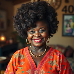A 43-year-old dark-skinned woman with a voluminous hairstyle and a curvaceous figure, dressed in a bright traditional dress that reflects her cultural heritage