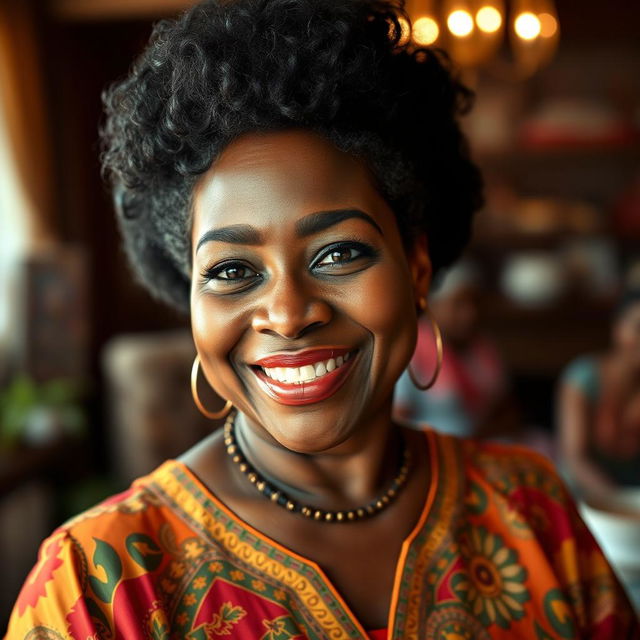 A 43-year-old dark-skinned woman with a voluminous hairstyle and a curvaceous figure, dressed in a bright traditional dress that reflects her cultural heritage