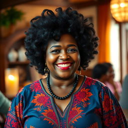 A 43-year-old dark-skinned woman with a voluminous hairstyle and a curvaceous figure, dressed in a bright traditional dress that reflects her cultural heritage