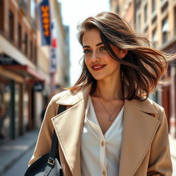 A beautiful 35-year-old European woman with either dark or light hair, dressed stylishly in contemporary clothing