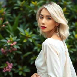 A 42-year-old woman with pale skin and light blonde hair, featuring South Asian characteristics
