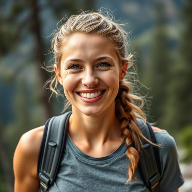 A fair-skinned woman, 37 years old with a light tan, dressed in sporty attire or casual jeans and a t-shirt