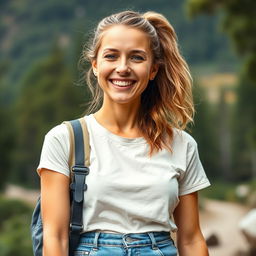 A fair-skinned woman, 37 years old with a light tan, dressed in sporty attire or casual jeans and a t-shirt