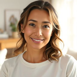 A 39-year-old mixed-race woman with wavy hair and minimal makeup, dressed in light and casual clothing