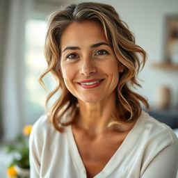 A 39-year-old mixed-race woman with wavy hair and minimal makeup, dressed in light and casual clothing