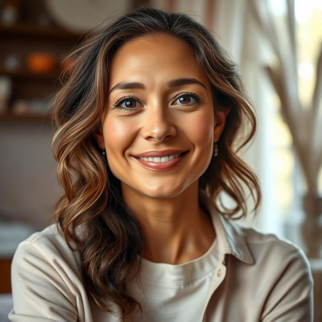 A 39-year-old mixed-race woman with wavy hair and minimal makeup, dressed in light and casual clothing