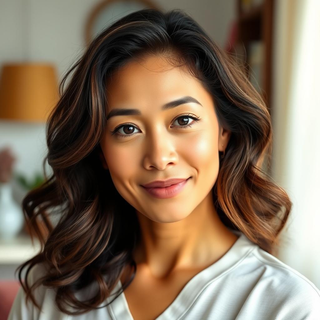 A 39-year-old mixed-race woman with wavy hair and minimal makeup, dressed in light and casual clothing