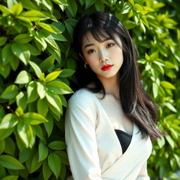 A 42-year-old woman with pale skin and black hair, featuring Japanese traits