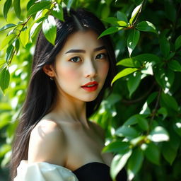 A 42-year-old woman with pale skin and black hair, featuring Japanese traits