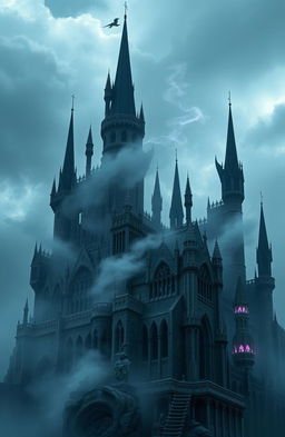 A mystical fantasy landscape inspired by 'Eldore, Il Regno delle Ombre', featuring towering gothic palaces shrouded in a mysterious fog