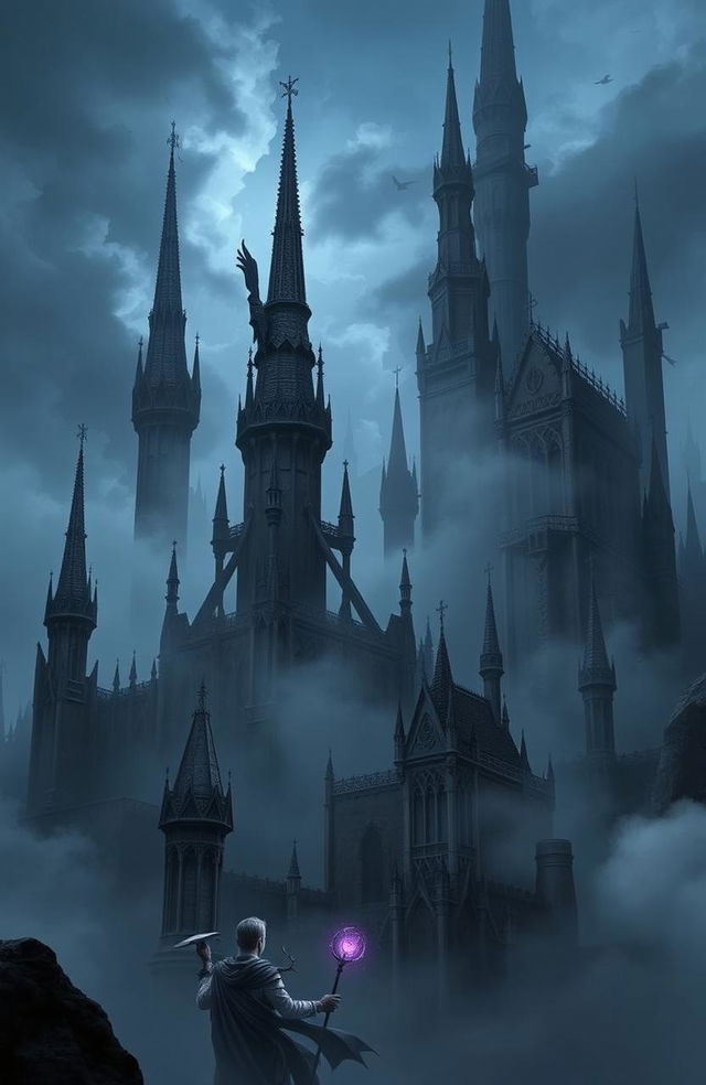 A mystical fantasy landscape inspired by 'Eldore, Il Regno delle Ombre', featuring towering gothic palaces shrouded in a mysterious fog