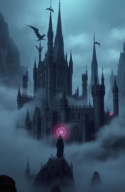 A mystical fantasy landscape inspired by 'Eldore, Il Regno delle Ombre', featuring towering gothic palaces shrouded in a mysterious fog