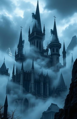 A mystical fantasy landscape inspired by 'Eldore, Il Regno delle Ombre', featuring towering gothic palaces shrouded in a mysterious fog