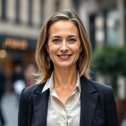 A European woman aged between 35 to 50 with either dark or light hair, dressed stylishly in elegant clothing