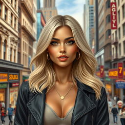 A realistic depiction of a stunning American Latina woman aged 37, with beautiful blonde hair that cascades around her shoulders