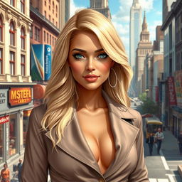A realistic depiction of a stunning American Latina woman aged 37, with beautiful blonde hair that cascades around her shoulders